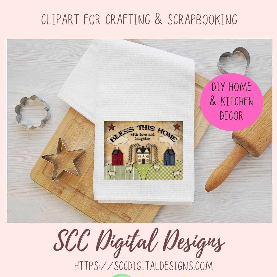 Bless This Home PNG with Love and Laughter Clipart Primitive Sheep Salt Box Houses Design