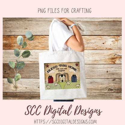 Bless This Home PNG with Love and Laughter Clipart Primitive Sheep Salt Box Houses Design