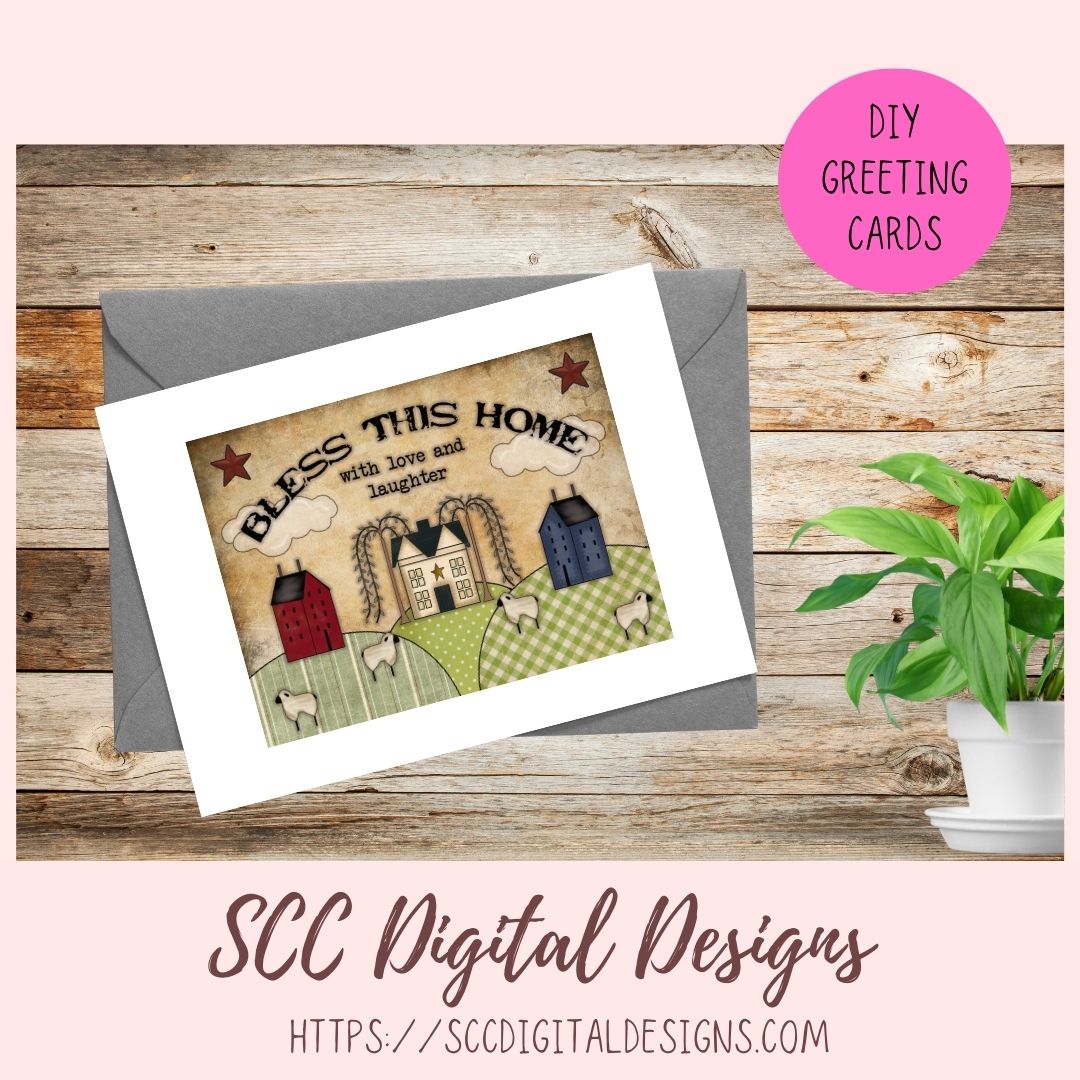 Bless This Home PNG with Love and Laughter Clipart Primitive Sheep Salt Box Houses Design