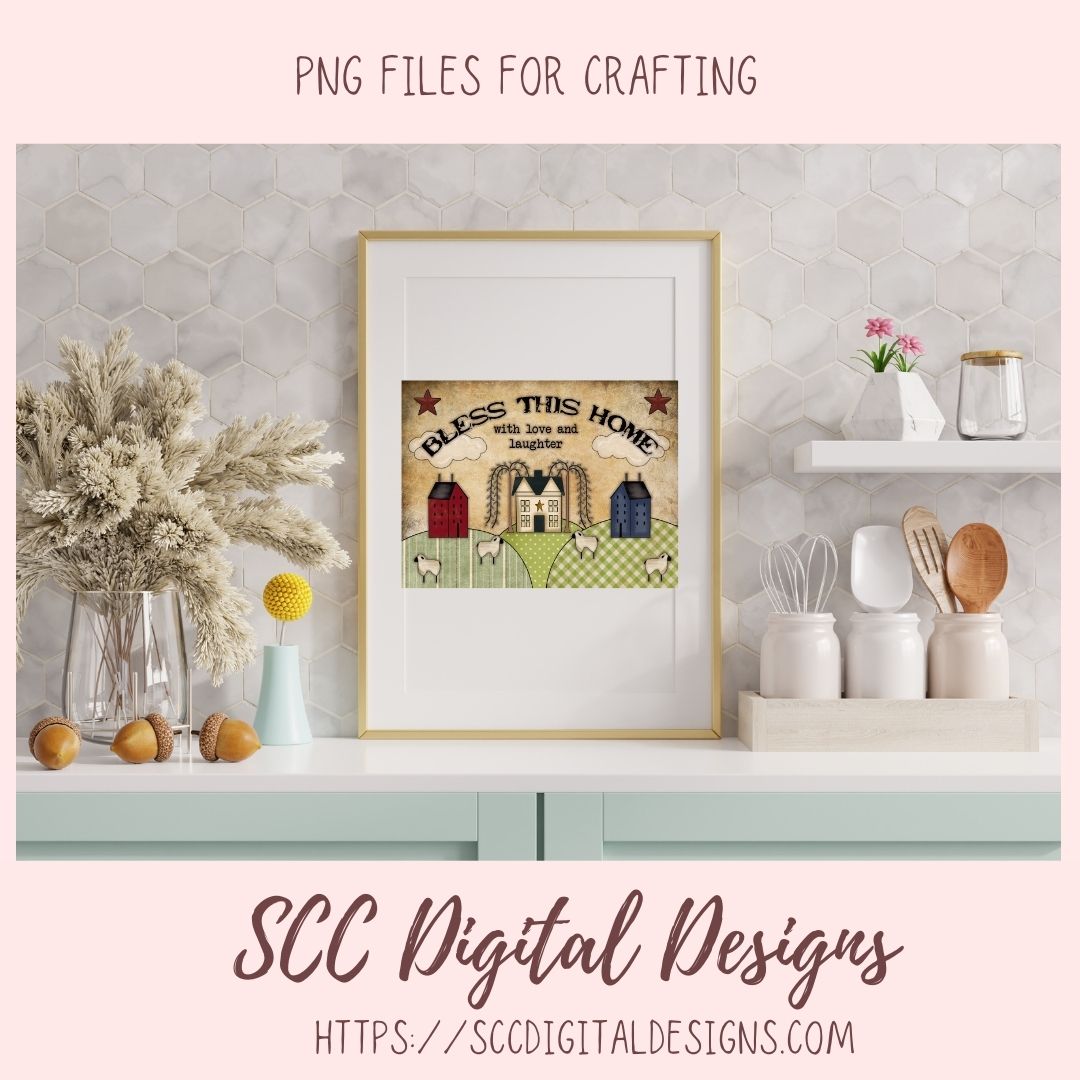 Bless This Home PNG with Love and Laughter Clipart Primitive Sheep Salt Box Houses Design