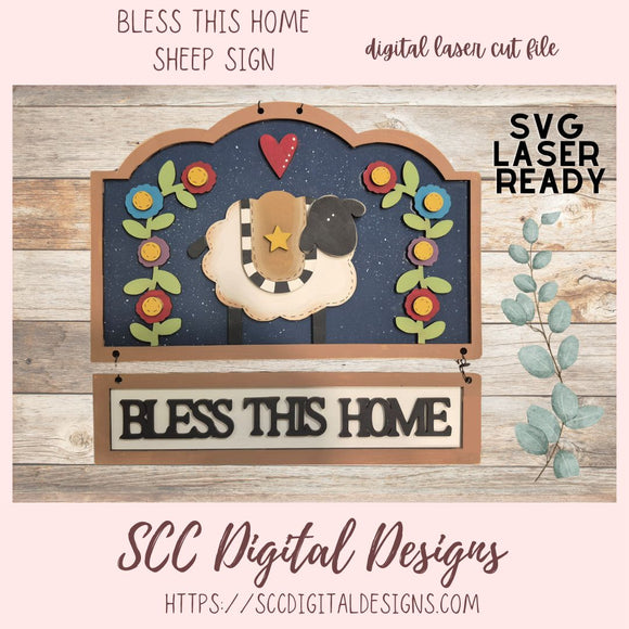 Decorative sign with sheep design and 'Bless This Home' text on a wooden background.