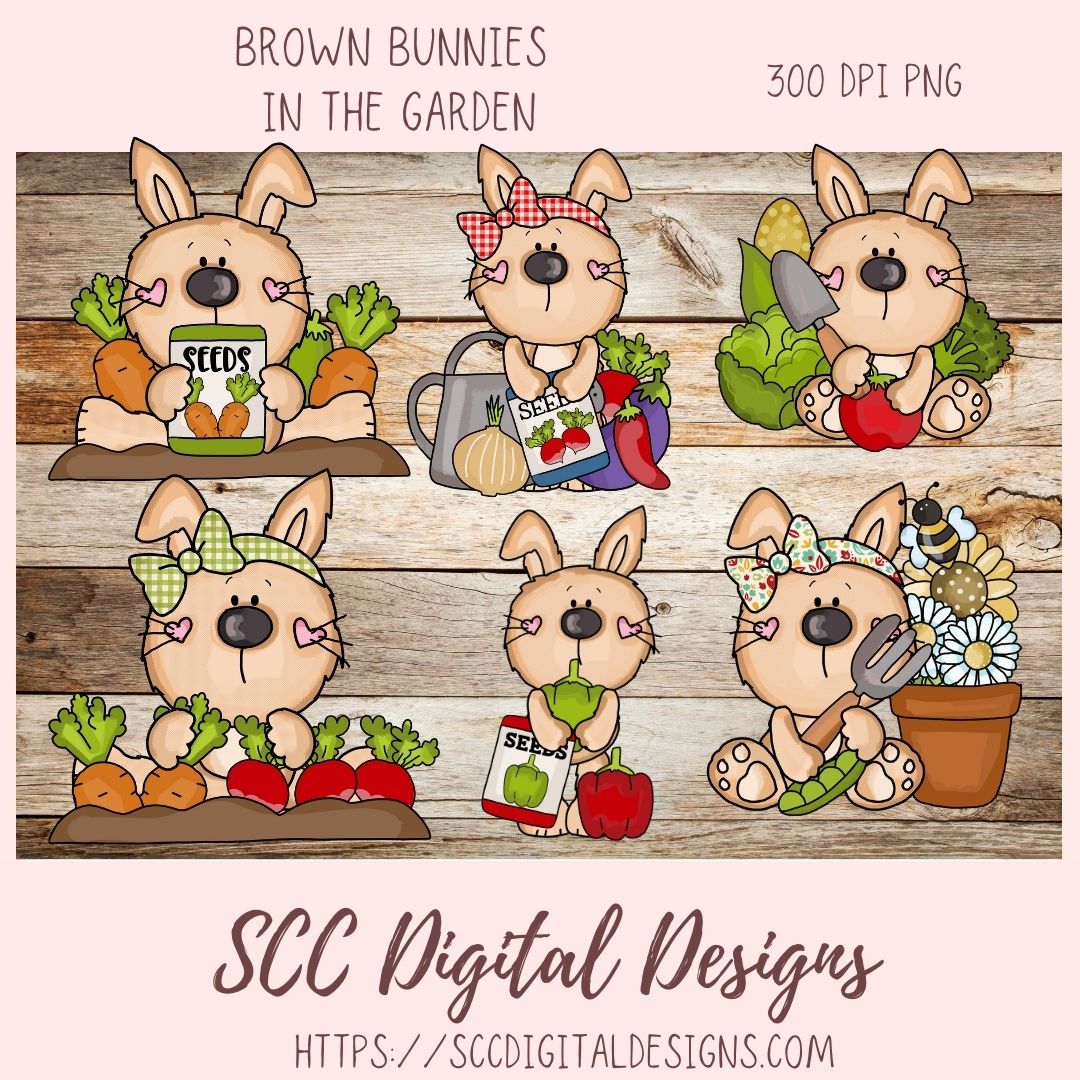 Cute Bunny Clipart 6 brown bunny designs  with garden vegges seed packets and gardening tools in 300 dpi png format