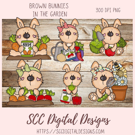 Cute Bunny Clipart 6 brown bunny designs  with garden vegges seed packets and gardening tools in 300 dpi png format