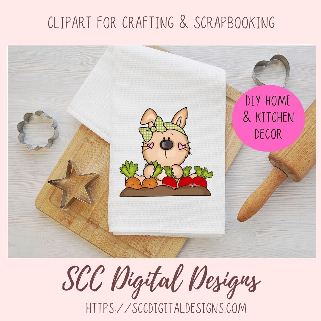 Cute Bunny Clipart 6 brown bunny designs with garden vegges seed packets and gardening tools in 300 dpi png format