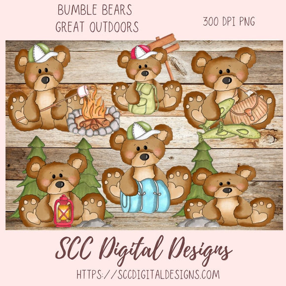 Cute Bears Clipart, Great Outdoors Camping & Fishing Whimsical Bear PNG for Sublimation and Stickers, DIY T-Shirts and Mugs for Kids