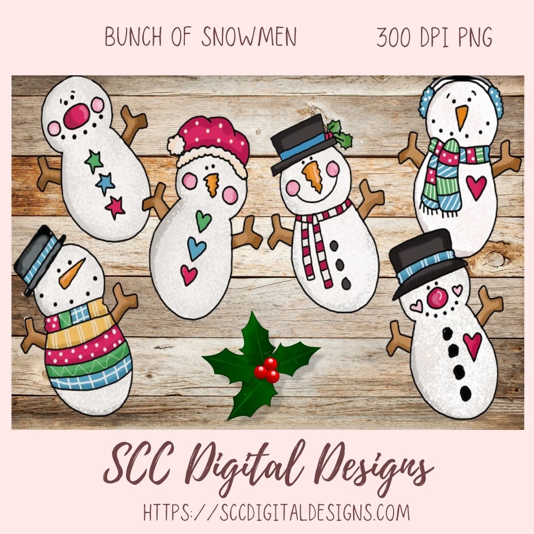 Snowman Clipart, Bright Christmas Snowmen PNG for Stickers for Kids Sublimation Clipart Instant Download Commercial Use Clip Art Mini Bundle