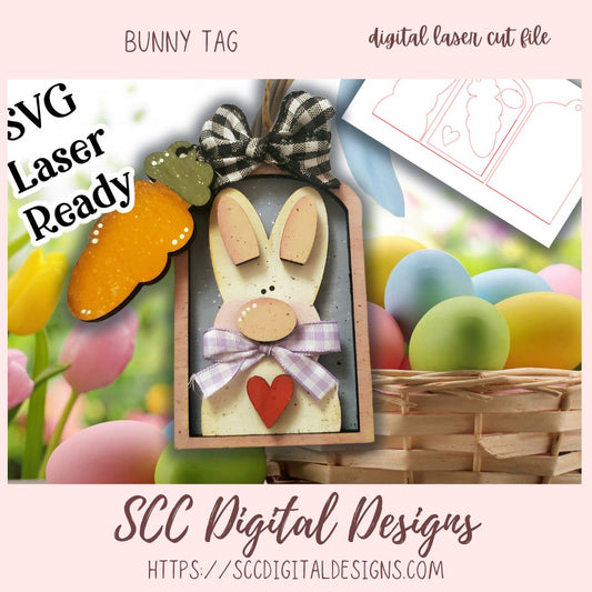 Bunny Tag 3D SVG Tag for Glowforge and Laser Cutter Design, Bunny & Carrot Easter Tree Ornament and Basket Gift Tags, Instant Download