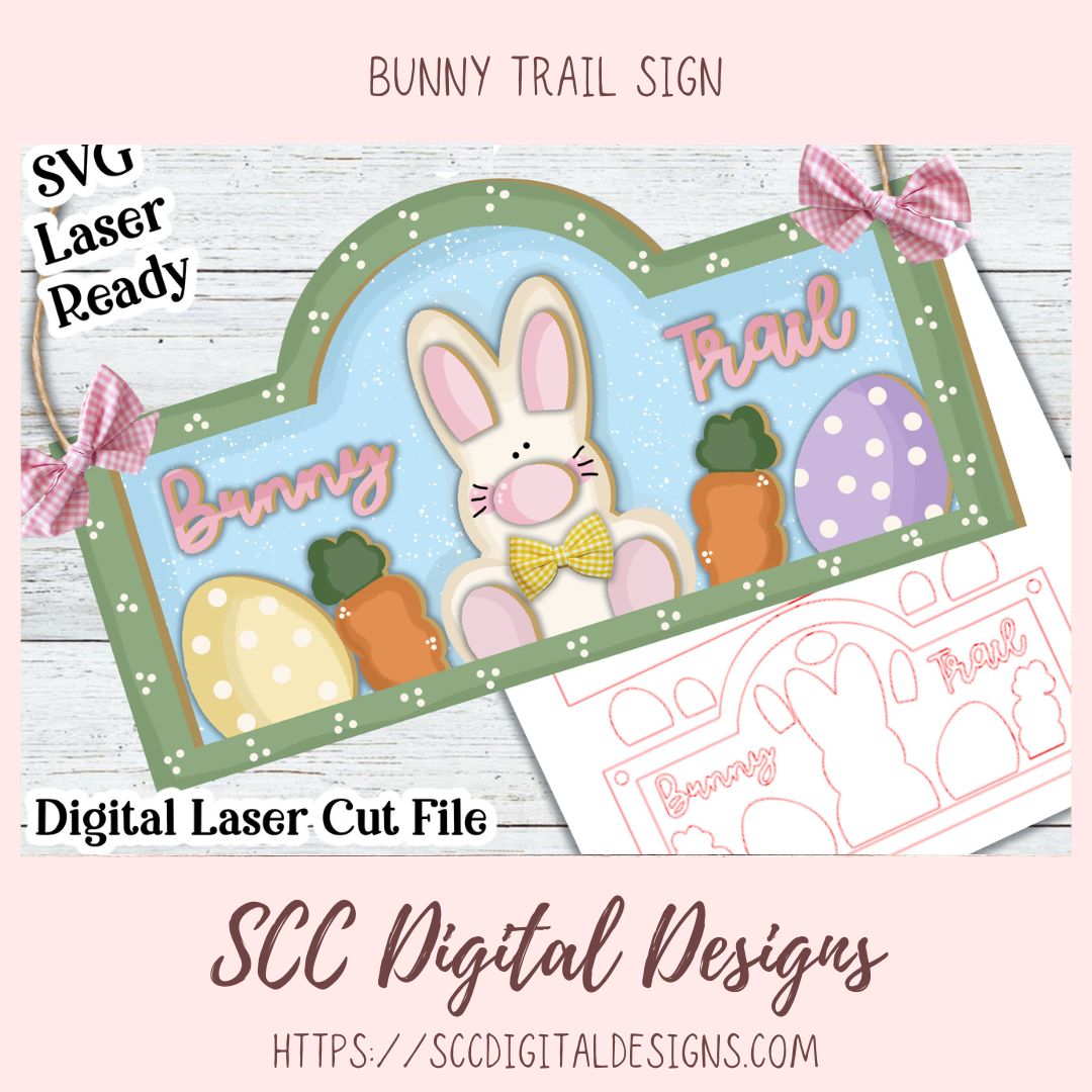 Cute Bunny Trail 3D Sign SVG Created for Glowforge and Laser Cutters, DIY Easter Home Decor Bunny Lover Gift, Instant Download Commercial Use Art Template, Digital Woodworking Pattern