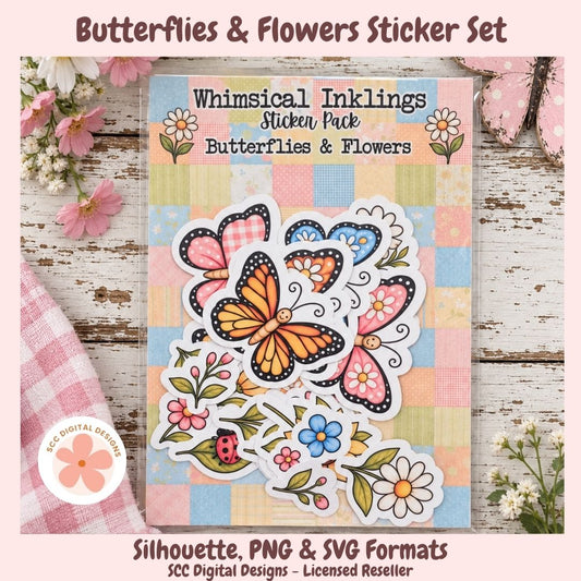 Butterflies & Flowers Sticker Set by Whimsical Inklings, featuring colorful butterfly, flower, and heart-shaped stickers on a pastel checkered backing card, styled on a rustic wood surface with pink flowers and a gingham cloth. Text at the bottom notes silhouette, PNG, and SVG formats, with SCC Digital Designs branding.