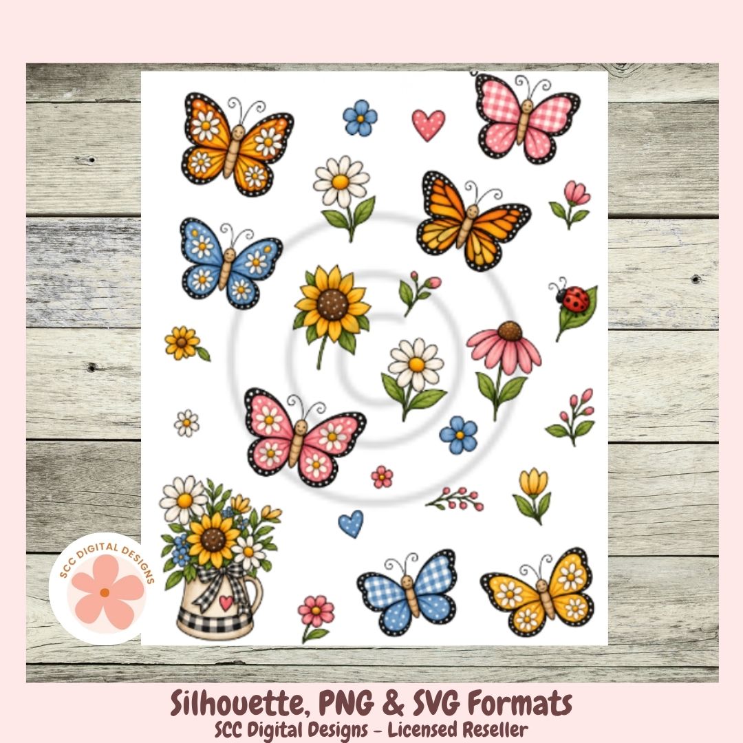 A sheet of colorful spring and summer clipart stickers featuring butterflies, flowers, and hearts, displayed on a light wood background with a pink border. The designs include orange, blue, pink, yellow, and white motifs, with text at the bottom indicating PNG and SVG formats from SCC Digital Designs.
