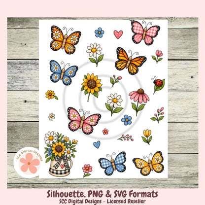 A sheet of colorful spring and summer clipart stickers featuring butterflies, flowers, and hearts, displayed on a light wood background with a pink border. The designs include orange, blue, pink, yellow, and white motifs, with text at the bottom indicating PNG and SVG formats from SCC Digital Designs.