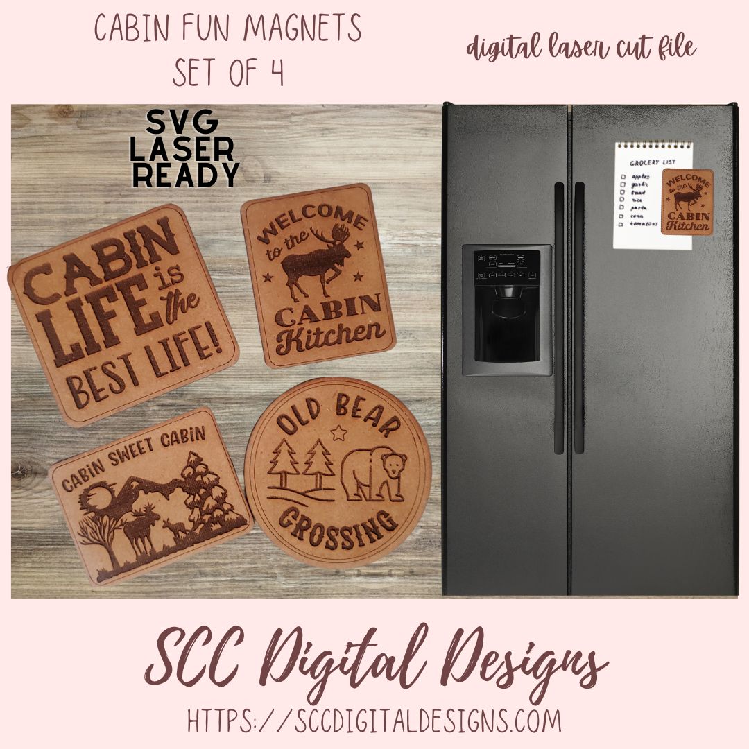 Cabin Fun Magnets SVG Design for Glowforge and Laser Cutters, Cabin Life, Cabin Kitchen, Cabin Sweet Cabin, Old Bear Crossing, DIY Gift for Travelers and Adventurers, Instant Download Magnet Patterns