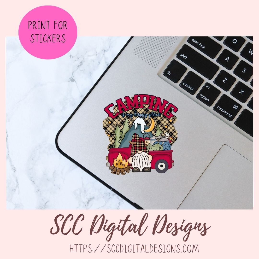 Camping Gnome Clipart with wordart mountains moon camp fire and a vintage red truck 1 design in 300 dpi png format