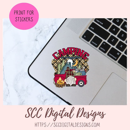 Camping Gnome Clipart with wordart mountains moon camp fire and a vintage red truck 1 design in 300 dpi png format