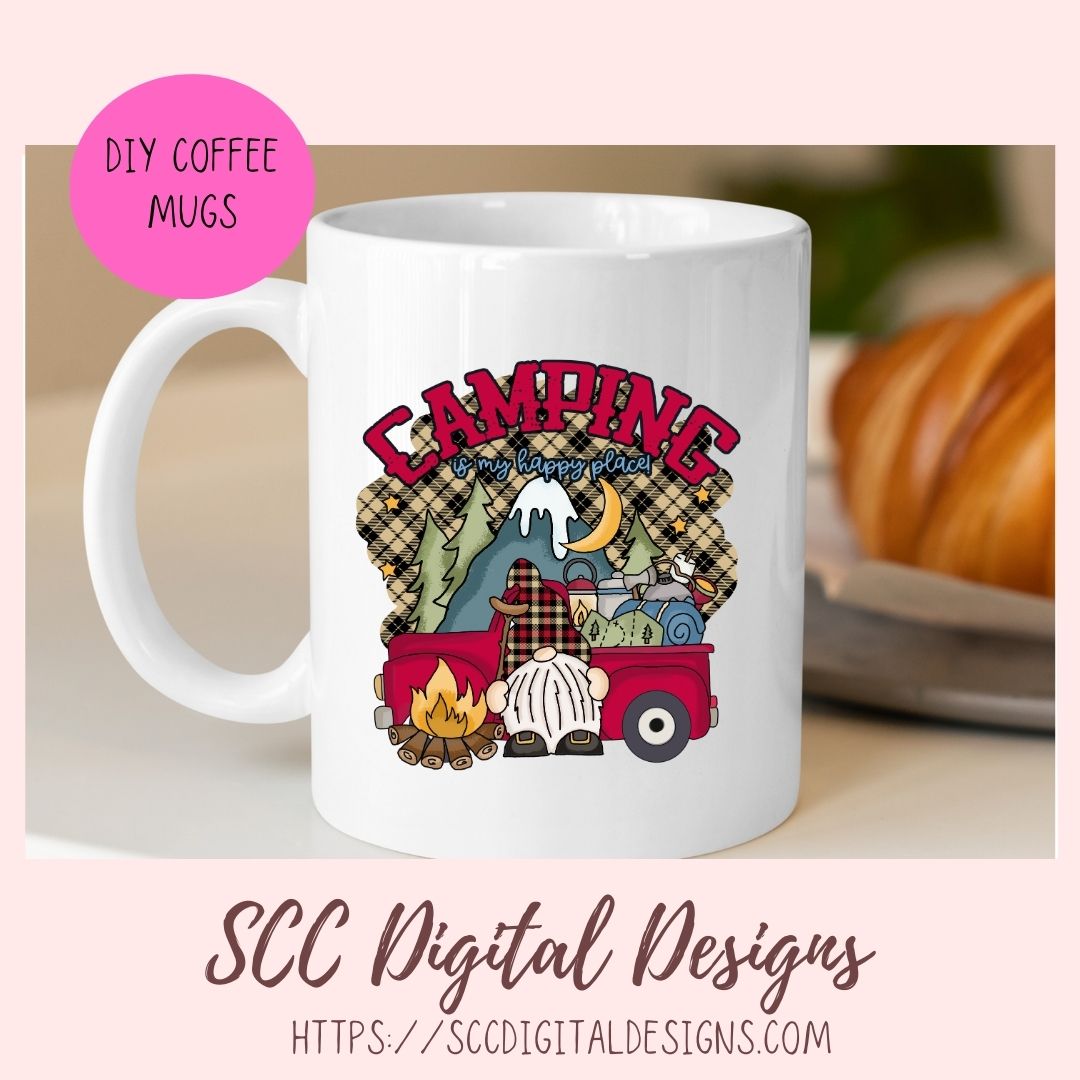 Camping Gnome Clipart with wordart mountains moon camp fire and a vintage red truck 1 design in 300 dpi png format