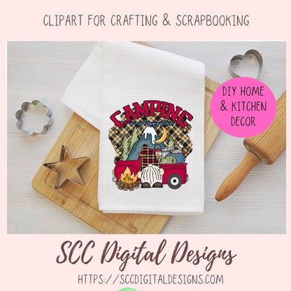 Camping Gnome Clipart with wordart mountains moon camp fire and a vintage red truck 1 design in 300 dpi png format