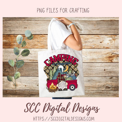 Camping Gnome Clipart with wordart mountains moon camp fire and a vintage red truck 1 design in 300 dpi png format