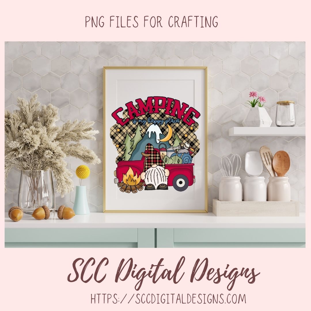 Camping Gnome Clipart with wordart mountains moon camp fire and a vintage red truck 1 design in 300 dpi png format