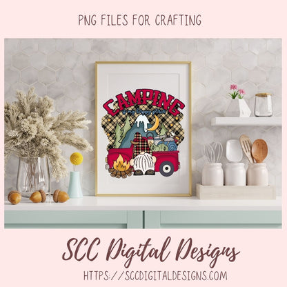 Camping Gnome Clipart with wordart mountains moon camp fire and a vintage red truck 1 design in 300 dpi png format