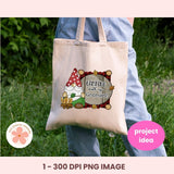 Tote bag with a gnome design and text 'Camping with my Gnomies!' held by a person outdoors.