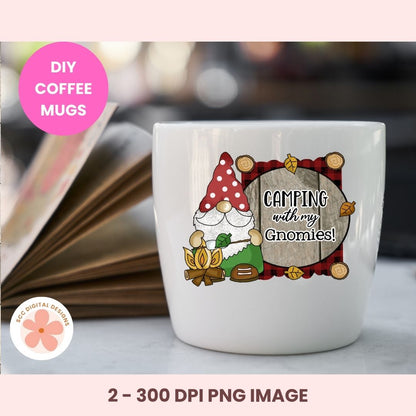 White mug with gnome design and 'Camping with my Gnomies!' text on a blurred background
