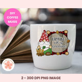 White mug with gnome design and 'Camping with my Gnomies!' text on a blurred background