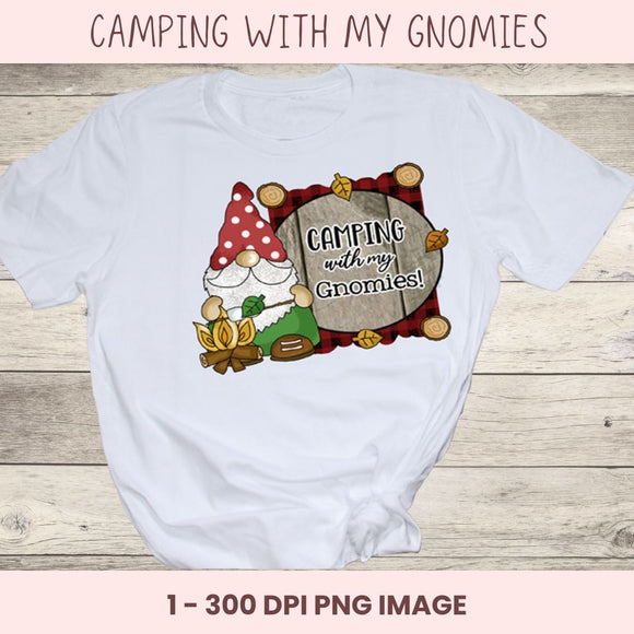 White t-shirt with a gnomes and camping design on a wooden surface