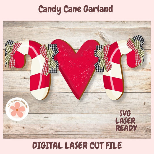 Create festive Christmas decor with our Candy Cane & Hearts Garland Laser SVG. Perfect for Glowforge laser cutting, DIY holiday decorations, and crafts.