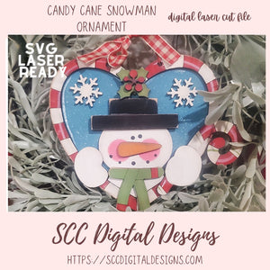 Candy Cane Snowman Christmas Ornament SVG, 3D Heart with Snowman & Candy Canes Digital Laser Cut File, Instant Download Commercial Use Cutting Design