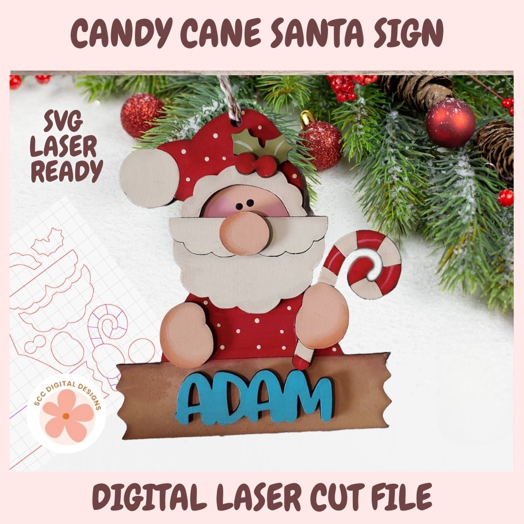 Candy Cane Santa sign with 'SVG Laser Ready' text and decorative elements on a light pink background.