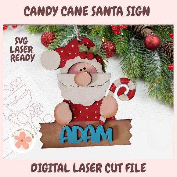 Candy Cane Santa sign with 'SVG Laser Ready' text and decorative elements on a light pink background.