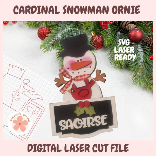 Cardinal snowman ornament with 'SVG Laser Ready' text on a snowy background