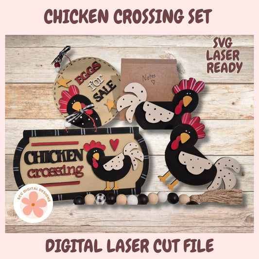 Set of chicken-themed digital laser cut files on a wooden background with 'Chicken Crossing' sign and rooster illustrations.