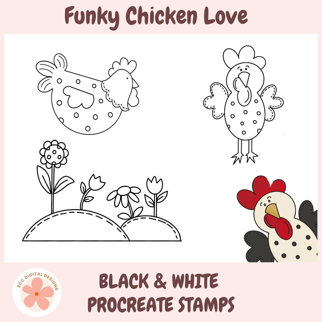 Black and white procreate stamps of chickens and flowers on a pink background with 'Funky Chicken Love' text.