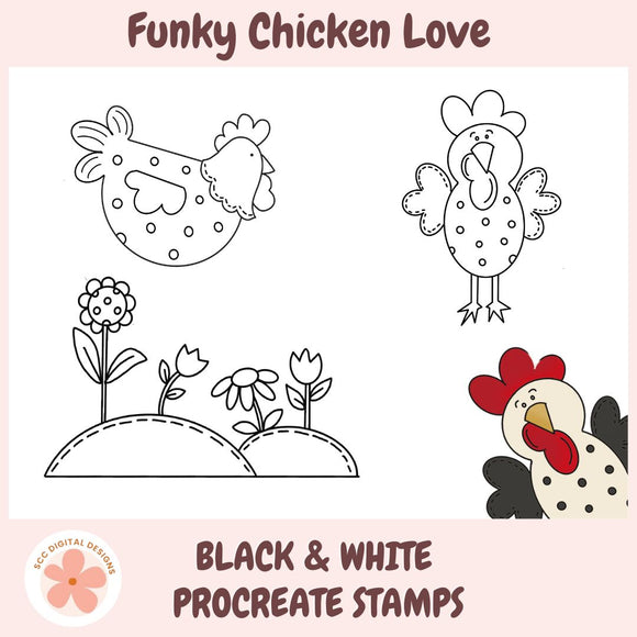 Black and white procreate stamps of chickens and flowers on a pink background with 'Funky Chicken Love' text.