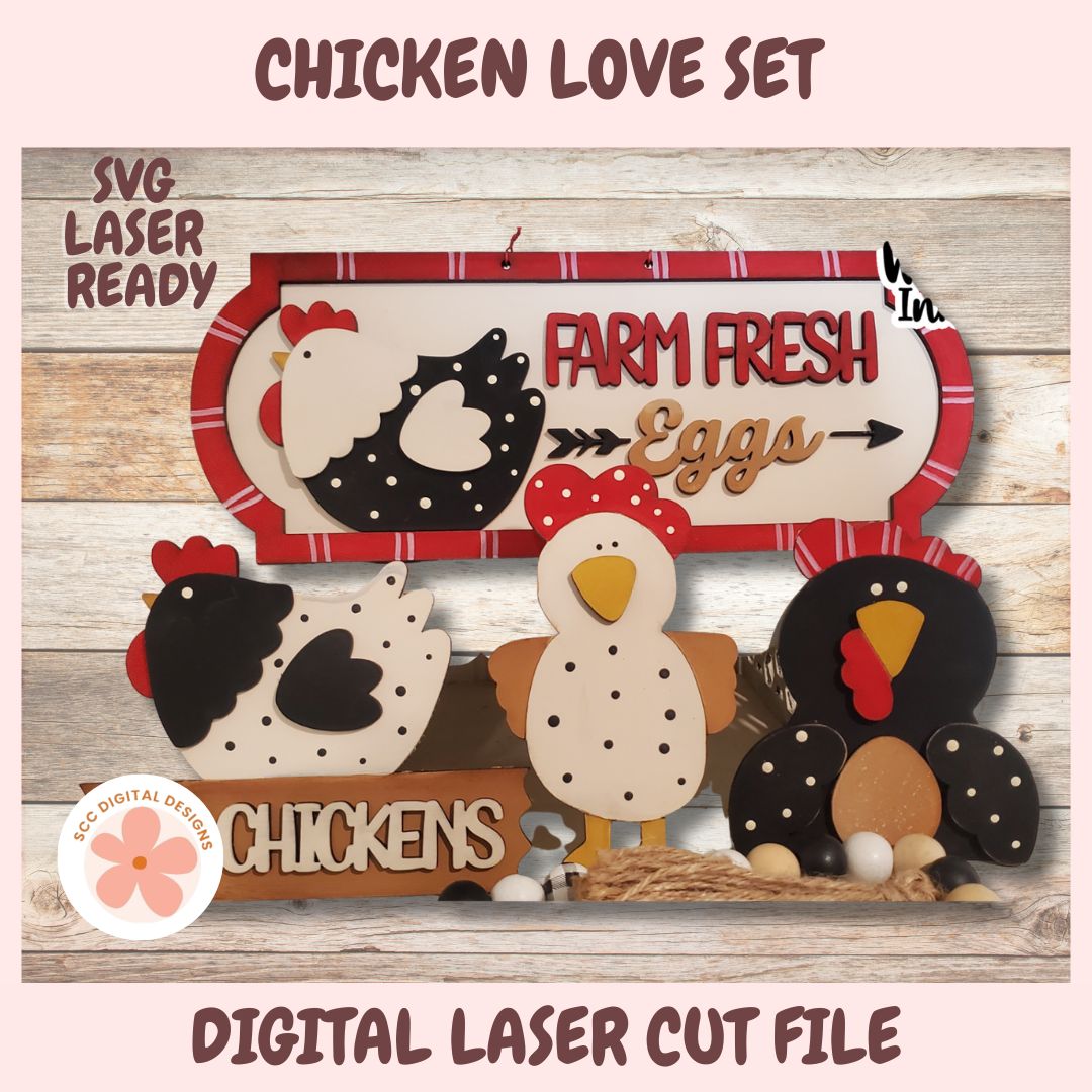 Digital laser cut file set with chickens and 'Farm Fresh Eggs' design on a wooden background.