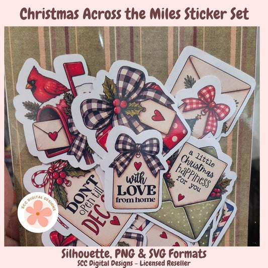 Christmas Across the Miles Sticker Set by SCC Digital Designs, featuring a collage of holiday-themed die-cut stickers including a red cardinal, red and black plaid bows, envelopes, hearts, and festive quotes on a striped kraft paper background.