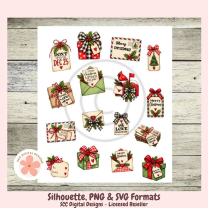 A digital graphic sheet featuring Christmas-themed silhouettes and tags, including envelopes, gifts, bows, and holiday labels, displayed on a white background with a wood-textured border and pink margins. Text at the bottom reads 'Silhouette, PNG & SVG Formats' and 'SCC Digital Designs - Licensed Reseller'.