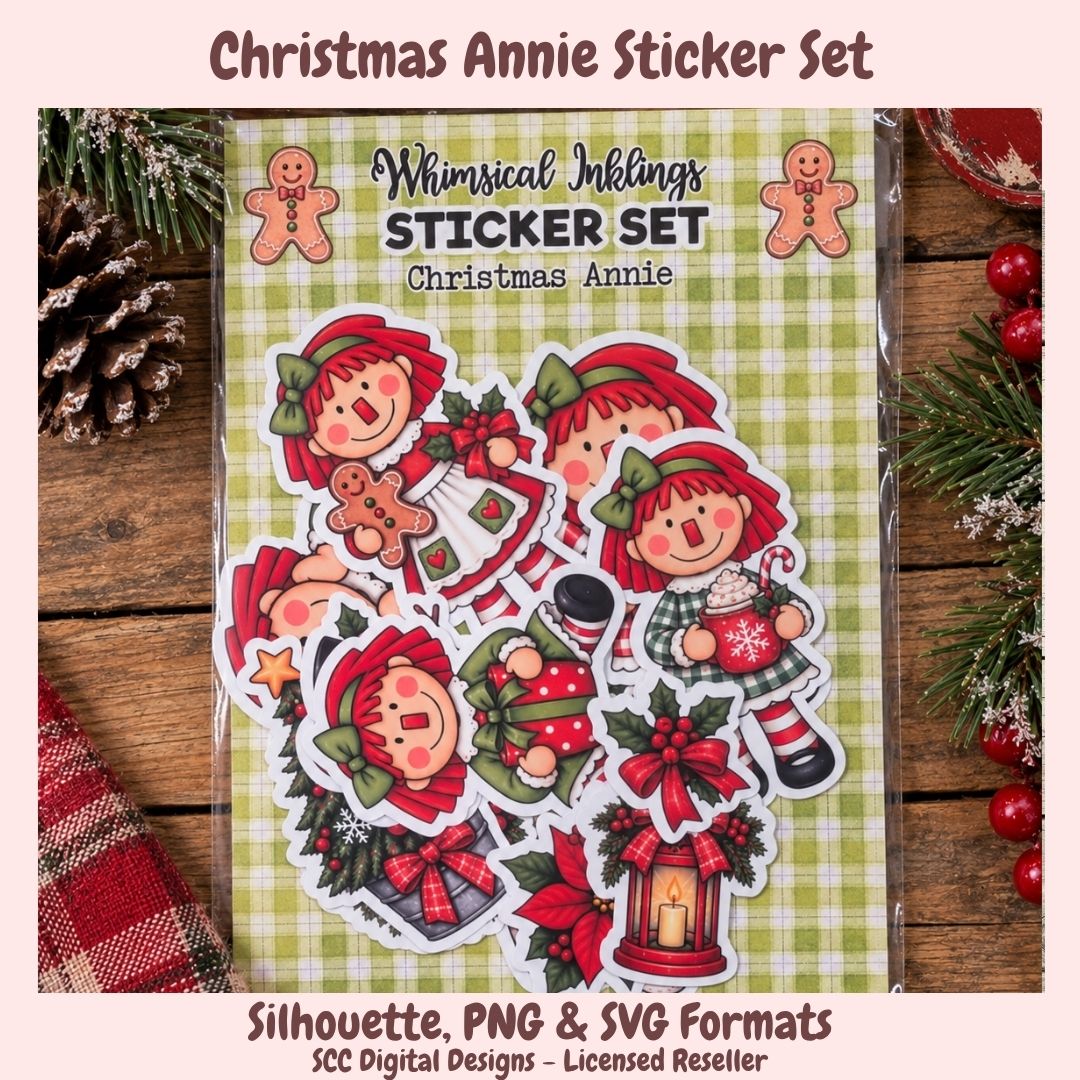 Christmas Annie sticker set in a clear plastic sleeve, featuring illustrated characters and holiday motifs on a green plaid background. The package is displayed on a rustic wooden surface with pine branches, a pinecone, and red berries, with text reading 'Christmas Annie Sticker Set' and 'Silhouette, PNG & SVG Formats' at the top and bottom.