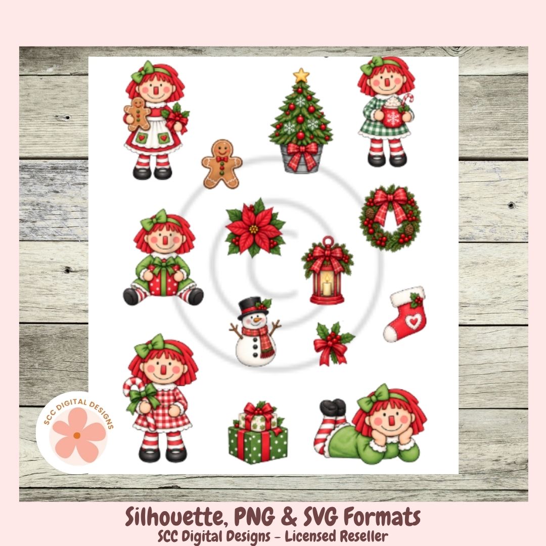 A digital preview sheet showing multiple Christmas-themed cartoon silhouettes and icons, including a tree, wreath, snowman, stockings, gifts, and holiday characters, arranged on a white card over a rustic wood background with text at the bottom reading 'Silhouette, PNG & SVG Formats' and 'SCC Digital Designs - Licensed Reseller'.