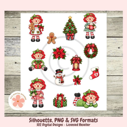A digital preview sheet showing multiple Christmas-themed cartoon silhouettes and icons, including a tree, wreath, snowman, stockings, gifts, and holiday characters, arranged on a white card over a rustic wood background with text at the bottom reading 'Silhouette, PNG & SVG Formats' and 'SCC Digital Designs - Licensed Reseller'.