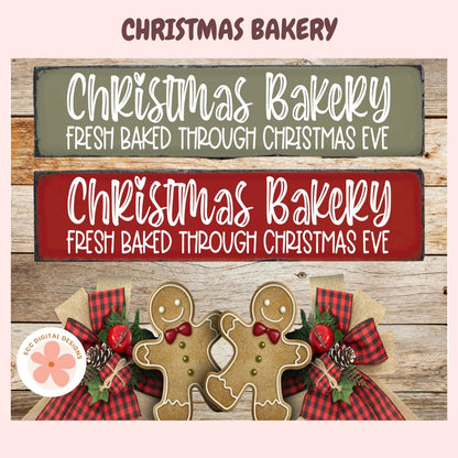 Two Christmas-themed signs with gingerbread men and plaid ribbons on a wooden background.