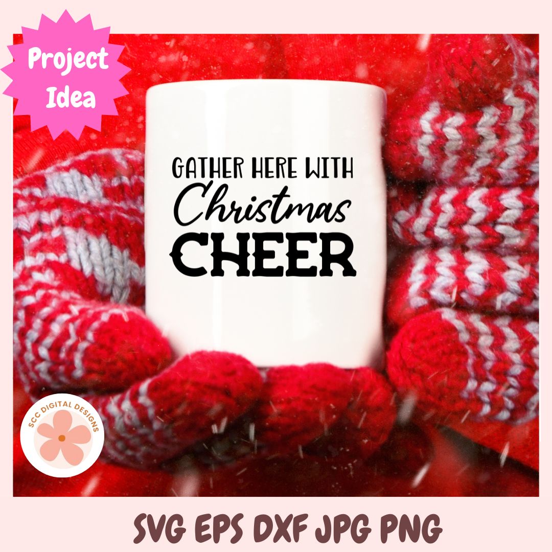 White mug with 'Gather Here with Christmas Cheer' text, surrounded by red and white striped fabric, on a red background.