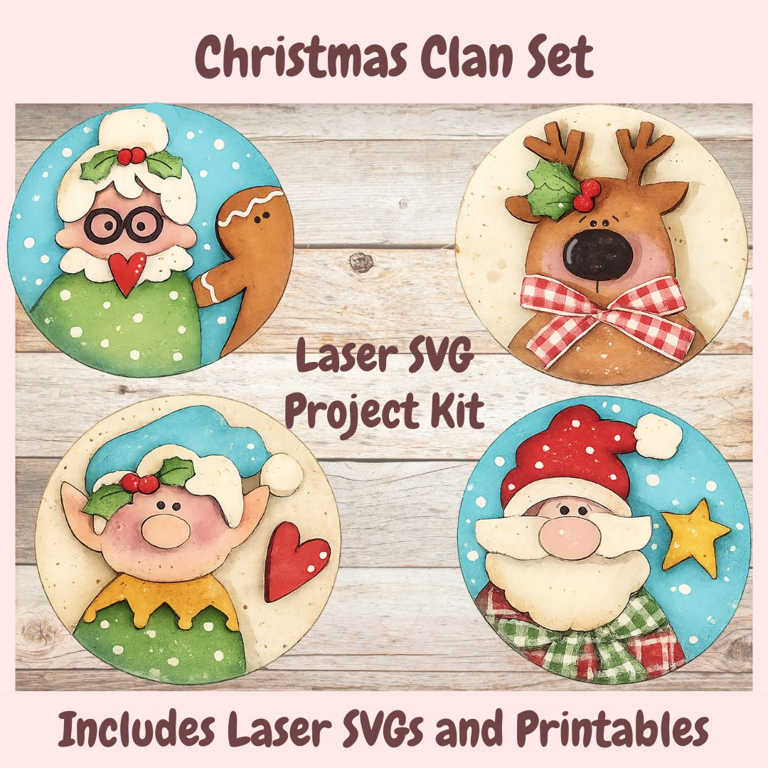 Christmas Clan Set laser SVG project kit featuring four festive circular cookie-cut design templates: a gingerbread man, a reindeer, an elf, and Santa Claus, displayed on a rustic wood background with text overlays.