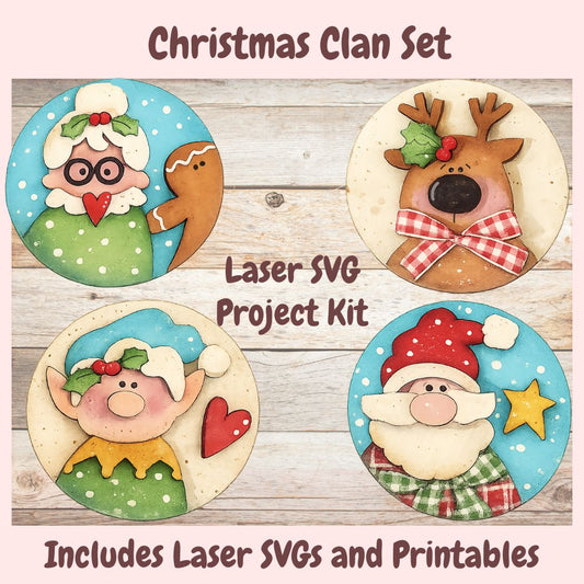 Christmas Clan Set laser SVG project kit featuring four festive circular cookie-cut design templates: a gingerbread man, a reindeer, an elf, and Santa Claus, displayed on a rustic wood background with text overlays.