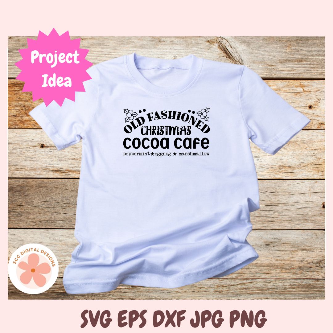 White t-shirt with text design on a wooden surface, with 'Project Idea' label and digital design logo.