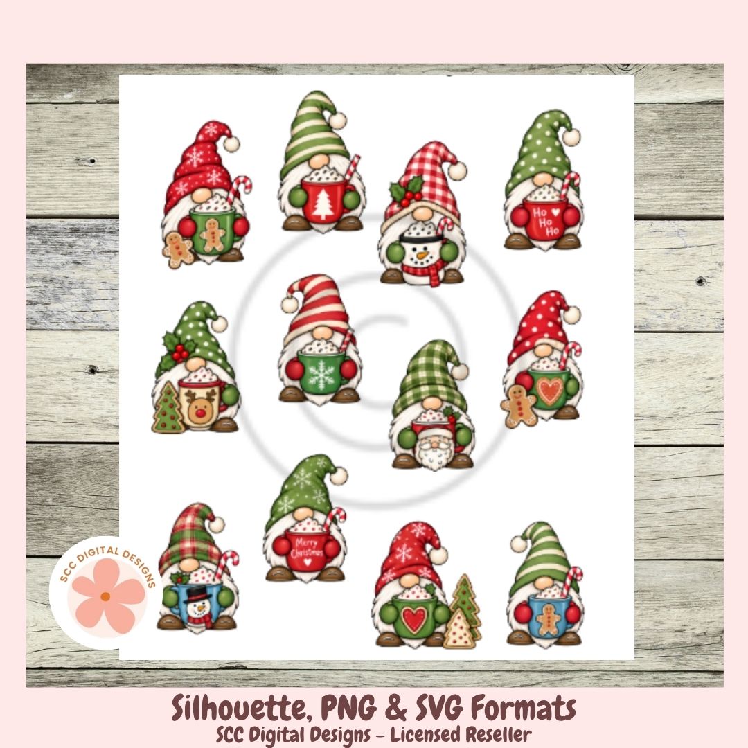 A digital graphic sheet featuring twelve Christmas gnome silhouettes in various holiday outfits, presented on a white card with a wood-plank border and text indicating PNG, SVG, and silhouette formats from SCC Digital Designs.