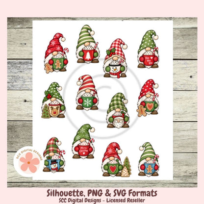 A digital graphic sheet featuring twelve Christmas gnome silhouettes in various holiday outfits, presented on a white card with a wood-plank border and text indicating PNG, SVG, and silhouette formats from SCC Digital Designs.