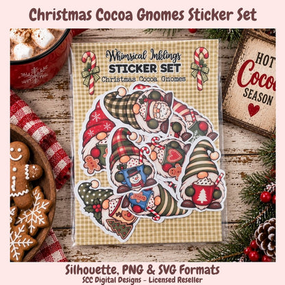 Christmas Cocoa Gnomes sticker set displayed on a rustic wooden table with holiday props including gingerbread cookies, a mug of hot cocoa, pine branches, and a sign reading 'Hot Cocoa Season.' The sticker pack features illustrated cocoa-drink-loving gnomes with plaid hats, candy canes, and winter motifs.