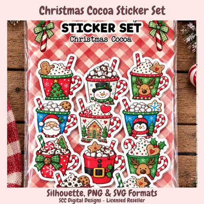 Christmas Cocoa Sticker Set featuring 12 illustrated hot cocoa mug stickers with holiday characters and toppings, shown in a clear plastic sleeve on a wood background with text overlays.